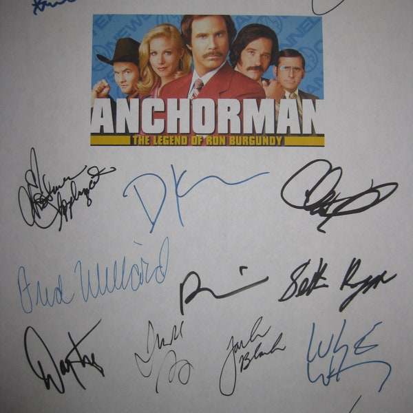 Anchorman Leyenda de Ron Burgundy Película firmada Guión de película Guión X16 autógrafos Will Ferrell Christina Applegate Steve Carell Paul Rudd