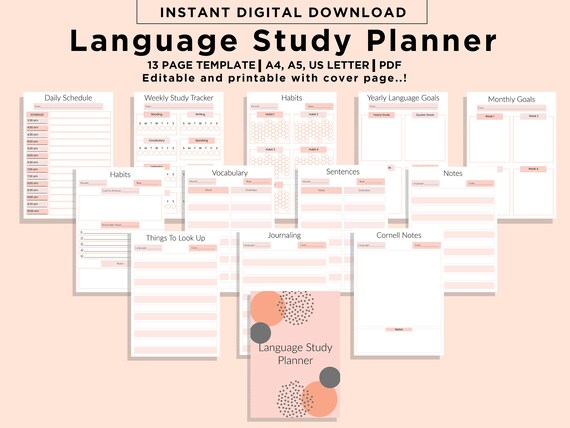 Paper Editable Study Schedule A4 Printable Language Study Planner US ...