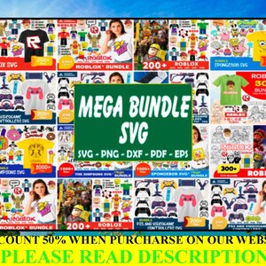 May include: A digital collage featuring various graphic design bundles including Roblox, SpongeBob, and The Simpsons themes. The central green text box reads MEGA BUNDLE SVG, SVG - PNG - DXF - PDF - EPS. The bottom text reads DISCOUNT 50% WHEN PURCHASE ON OUR WEBSITE PLEASE READ DESCRIPTION.