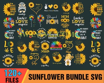Könnte beinhalten: Eine digitale Sammlung von Sonnenblumen-Grafikdesigns mit verschiedenen Zitaten, Leopardenmuster-Akzenten, Regenbogenfarben sowie Illustrationen von Gnomen, Herzen und Schmetterlingen auf dunklem Hintergrund mit dem Text 120+ FILES SUNFLOWER BUNDLE SVG.
