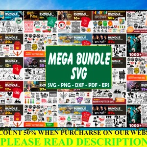 May include: A digital collection of Harry Potter themed graphic designs featuring various bundles of SVG, PNG, DXF, PDF, and EPS files. The central green box displays the text MEGA BUNDLE SVG, SVG - PNG - DXF - PDF - EPS, with numerous icons.