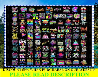 May include: A digital collection of graphic designs featuring 80s and 90s retro themes, including neon colors, cassette tapes, boomboxes, and text like 80s Forever, 90s Vibe, and Made in the 90s, arranged in a grid pattern on a black background.