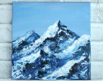 Rocky mountains painting on canvas 10x10 in, pallette knife mountains artwork, original mountains wall art, abstract mountains painting
