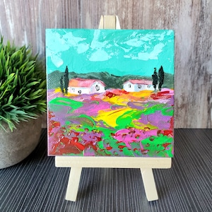 Tuscany painting on canvas 4x4 in with an easel, Tuscany desk decor, Tuscany mini artwork, abstract Tuscany painting, pallette knife Tuscany