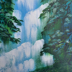 May include: A painting of a waterfall with green trees on either side. The waterfall is painted in shades of blue and white, while the trees are painted in shades of green.