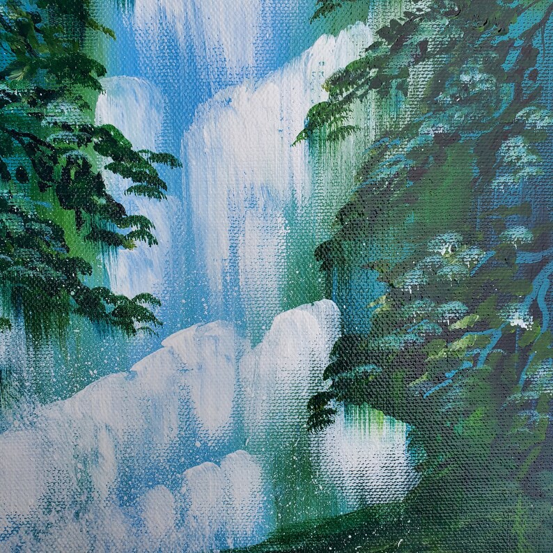 May include: A painting of a waterfall with green trees on either side. The waterfall is painted in shades of blue and white, while the trees are painted in shades of green.