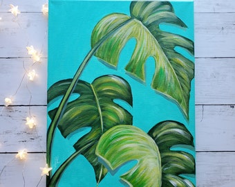 Tropical leaves pop art painting on canvas 11x14 in, original tropical wall art, botanical painting on canvas, boho tropical leaves artwork