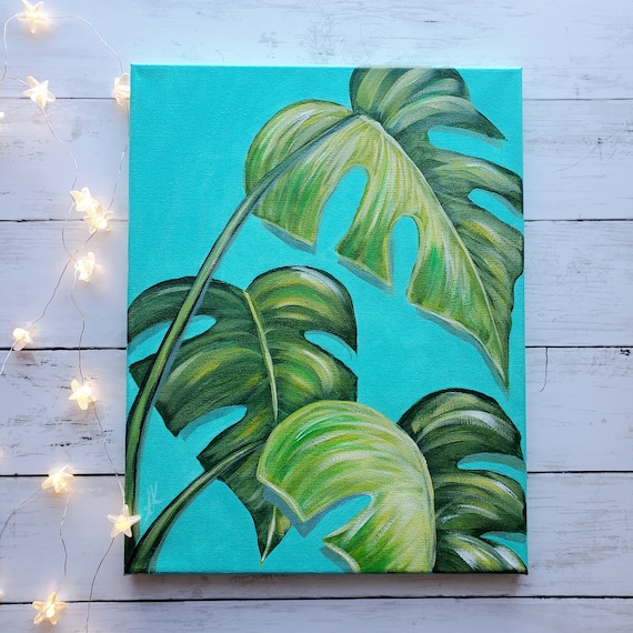 Tropical Leaves Pop Art Painting on Canvas 11x14 In, Original