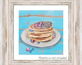 Pancakes painting on canvas panel 8x8 in, pancakes and raspberries artwork, kitchen painting, kitchen decor, breakfast wall art