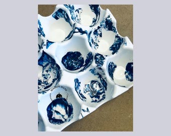 Vassoio portauova in ceramica per 12 uova / Decorazione da cucina / Decorazione floreale blu.