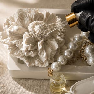 Puede incluir: Una escultura de flor de cerámica blanca con pétalos detallados, un collar de perlas blancas y un pequeño frasco cuentagotas de vidrio con un líquido transparente. Una mano con guante negro sostiene un gotero de vidrio con detalles dorados.