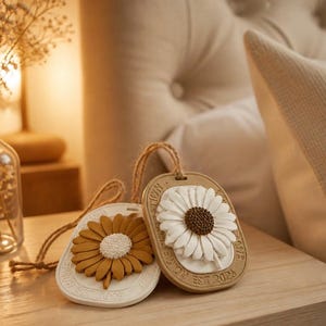 May include: Two oval-shaped hanging ornaments with jute twine loops. One ornament is white with a mustard yellow daisy, the other is tan with a white daisy and a dark brown center. Both feature embossed text reading HOME SWEET HOME EST 2023.