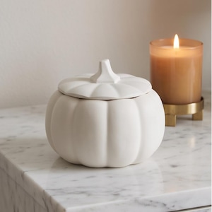 May include: A matte white ceramic lidded container shaped like a pumpkin with vertical ridges and a central stem handle. The container features a smooth, rounded body and a matching lid that sits flush on top, creating a cohesive, solid-colored piece.