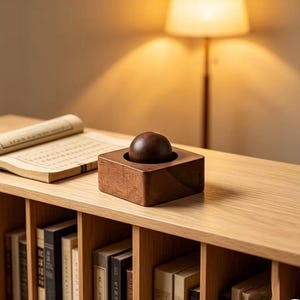 Puede incluir: Una pieza decorativa de madera con una esfera marrón oscuro en una base cuadrada de madera. Se encuentra sobre una estantería de madera de color claro, con un libro y una lámpara en el fondo. La estantería está llena de libros.