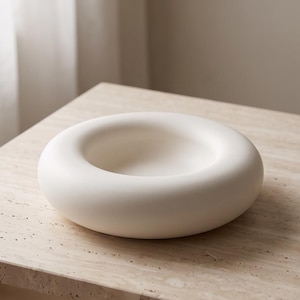 May include: A matte white ceramic bowl with a smooth, rounded, donut-like shape. The object features a thick, curved rim that slopes inward toward a deep, circular center, presenting a solid, uniform color and a clean, continuous exterior surface.