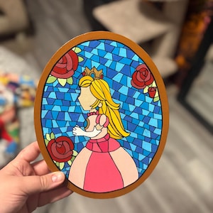 Princess Peach Mosaic Stained Glass Window Art, 10x8 inch Oval Canvas, Pink Home Decor