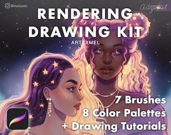 Op de afbeelding: Een digitale tekenset met twee vrouwen met paars en roze haar, sterren en de tekst "Rendering Drawing Kit" en "ARTZXMEL". De set bevat 7 kwasten, 8 kleurenpaletten en tekeninstructies.
