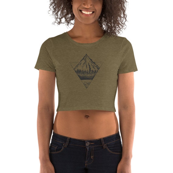 Mountains Over the Lake Womens Crop Tee Crop Top Graphic Tee Hiking Workout  Camping Backpacking 