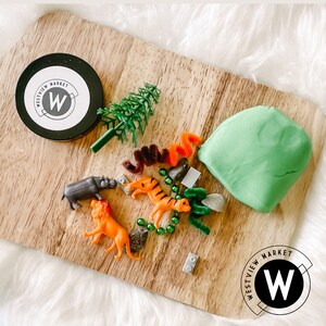 May include: A wooden tray with a green play dough ball, a small green tree, a brown and orange pipe cleaner, a tiger, a hippo, a lion, and a string of green beads. The tray also has two black and white labels with the text "Westview Market" and the letter "W" on them.