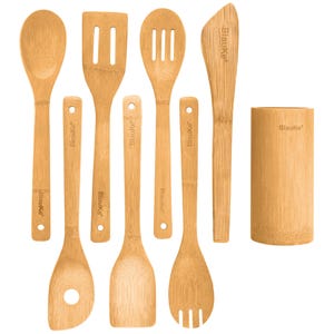 May include: A collection of eight bamboo kitchen utensils, including a spoon, slotted spatula, slotted spoon, spreader, and serving utensils. A bamboo utensil holder is also included. The brand name "Blauke" is printed on each utensil.