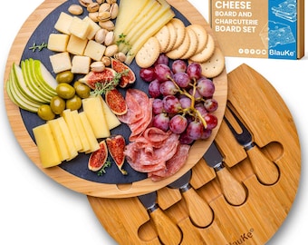Bamboo Cheese Board Set - 30cm Swiveling Charcuterie Board with Removable Slate - Anniversary Birthday Housewarming Gift