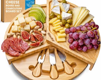 Bamboo Cheese Board Set - 37cm Swiveling Charcuterie Board with Slide-Out Drawer - Anniversary Birthday Housewarming Gift
