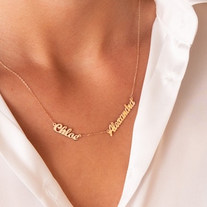 Two Name Necklace, Gold Two Name Necklace, Double Name Necklace, Personalized Necklace, Gift for Mom