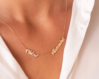 Two Name Necklace, Gold Two Name Necklace, Double Name Necklace, Personalized Necklace, Gift for Mom