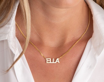 Block Name Necklace, Name Necklace with Curb Chain, Personalized Name Necklace, Gold Name Necklace, Perfect Gift For Her, Birthday Gift