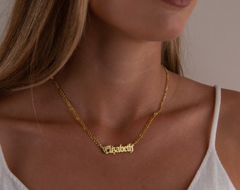 Figaro Chain Name Necklace, Old English, Name Necklace Gold, Dainty Gothic Name Necklace, Mother's Day Gifts