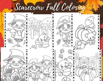 Fall Scarecrow Coloring Pages: Autumn Animals (Digital Download)