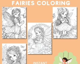 May include: Four black and white line drawings of fairies with wings, flowers, and butterflies. The text "Fairies Coloring" and "Instant Download" are also included in the image.