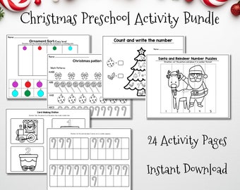 May include: A printable Christmas activity bundle for preschoolers. The bundle includes 24 activity pages with a variety of activities, including sorting ornaments, counting and writing numbers, and completing patterns. The activities are designed to help preschoolers learn about Christmas and develop their fine motor skills.