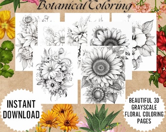 Dibujos botánicos para colorear: Arte floral en escala de grises en 3D (Descargar PDF)