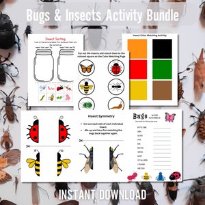 May include: A printable activity bundle for kids featuring bugs and insects. The bundle includes activities such as sorting, color matching, symmetry, and a word scramble. The activities are designed to help children learn about different types of bugs and insects.