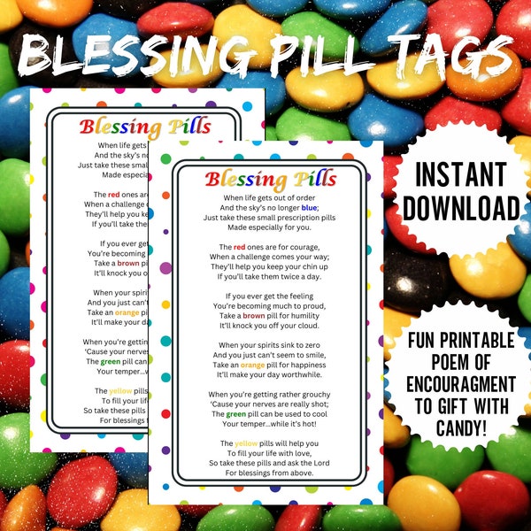 Blessing Pills Tag, Tasty Treats, Blessings Tag, Christian Poem, Words Of Encouragement, Christian Tag, MM Tag, Printable Tag, Tag Gift