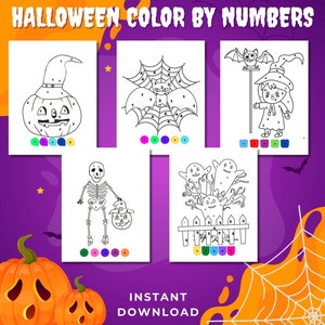 Reconocimiento de números, coloración espeluznante, color por números, actividad de Halloween para niños, bruja espeluznante, calabazas Jackolantern, truco o trato de Halloween