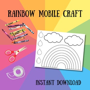 May include: Printable rainbow mobile craft template featuring clouds, raindrops, and a rainbow. The template is black and white and ready to be coloured. The image also shows crayons, scissors, and tape.