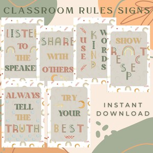 Boho Class Rules Posters,Objectives For Classroom,Show Respect,Be Respectful,Sharing Is Caring,Classroom Rules,Never Give Up,Classroom Signs