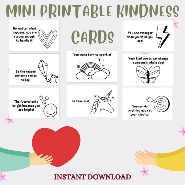 Mini Kindness Cards To Color, Loving Kindness, Printable Kindness Cards,Think Positive,Words Of Affirmation,Coloring Cards For Kids,Positive