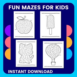 May include: Four black and white printable maze puzzles for kids. The mazes are shaped like an apple, an ice cream cone, a cat, and a hot air balloon. The text "FUN MAZES FOR KIDS" is at the top of the image and "INSTANT DOWNLOAD" is at the bottom.