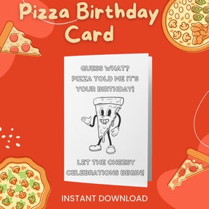Tarjeta de cumpleaños de pizza, colorea tu propia tarjeta, tarjeta de cumpleaños para colorear, impresión y color de bricolaje, tarjeta para colorear de felicitación, tarjeta de cumpleaños imprimible, cumpleaños