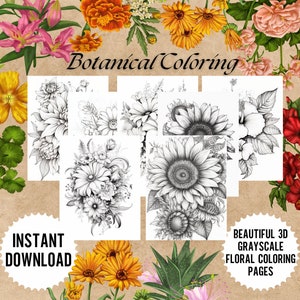 Calm Coloring, Botanical Coloring, Botanist, Printable Flower Coloring Pages, Floral Coloring, Grayscale Coloring, Coloring Book, 3D Flowers