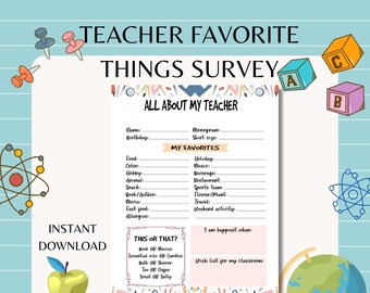 Pesquisa sobre coisas favoritas dos professores: questionário para impressão (download digital)