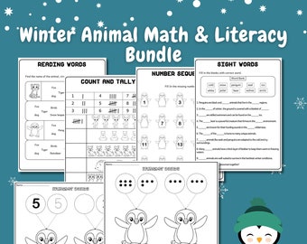 May include: A printable worksheet bundle for kids featuring winter animals. The worksheets include activities like counting, tallying, number sequencing, and sight word recognition. The worksheets feature black and white illustrations of penguins, foxes, reindeer, and other winter animals.