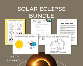 Pacote de atividades sobre o eclipse solar: palavras cruzadas, curiosidades e colorir (download digital)