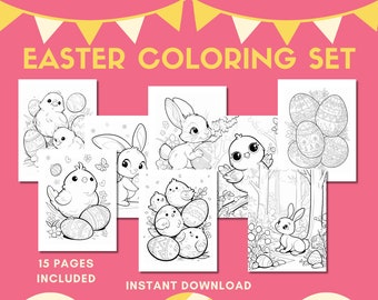 Desenhos para colorir de Páscoa: coelhinhos, pintinhos e ovos (download digital)