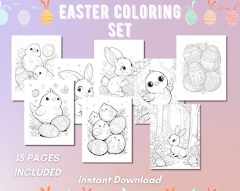 Livro de colorir de Páscoa: 15 páginas de pintinhos e coelhinhos (download digital)