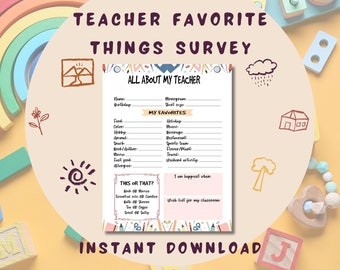Pesquisa sobre coisas favoritas dos professores: questionário para impressão (download digital)
