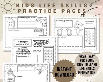 Puede incluir: Páginas de práctica imprimibles en blanco y negro para niños, con ilustraciones de una casa, sobres, un teléfono, una ambulancia, un helicóptero, una tarta de cumpleaños y globos. El texto incluye "Kids Life Skills Practice Pages" y "Instant Download".